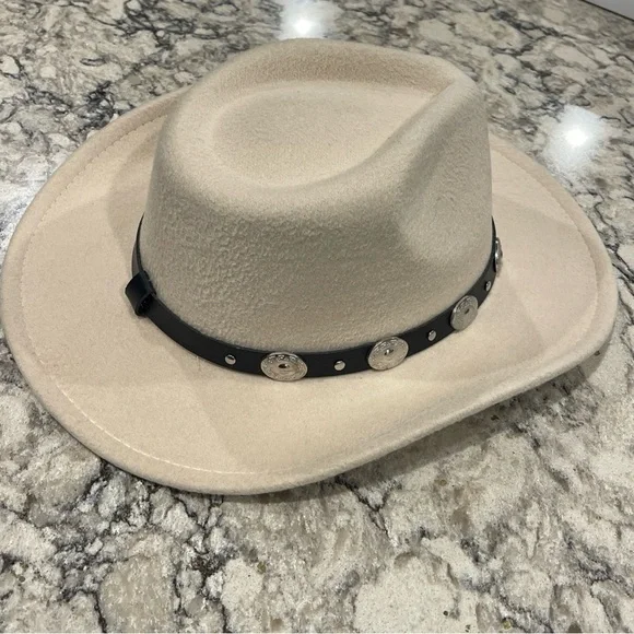 Ivory Western Hat with Silver Concho Band,Polyester Cotton blend, adjustable - Picture 4 of 14